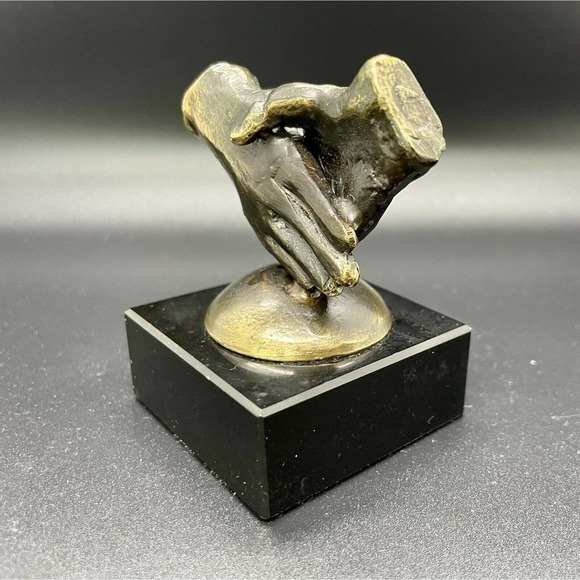 Vintage Bronze And Marble Abstract Art Shaking Hands Paperweight - Picture 2 of 4